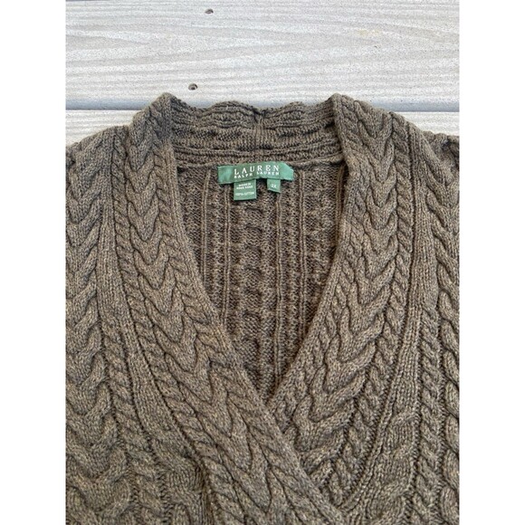 Ralph Lauren Sweater Womens 2X Green Cable Knit V-Neck Fisherman Preppy Cotton - Picture 3 of 16